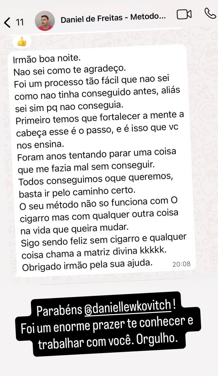 Print de WhatsApp: Daniel agradecendo Bruno e contando como foi fácil parar
