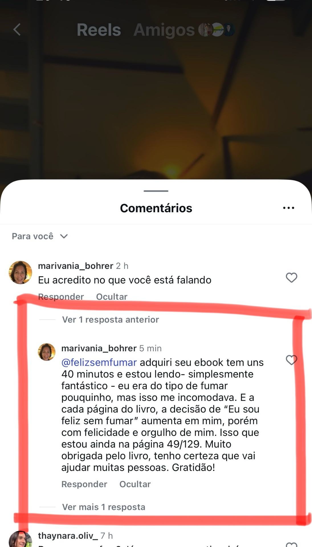 Comentário no Instagram: Marivania diz que o ebook é simplesmente fantástico e que a decisão de ser feliz sem fumar aumenta a cada página