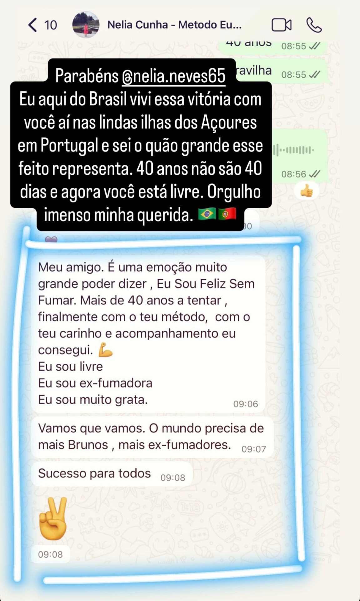 Print de WhatsApp: Nelia, depois de 40 anos fumando, finalmente parou